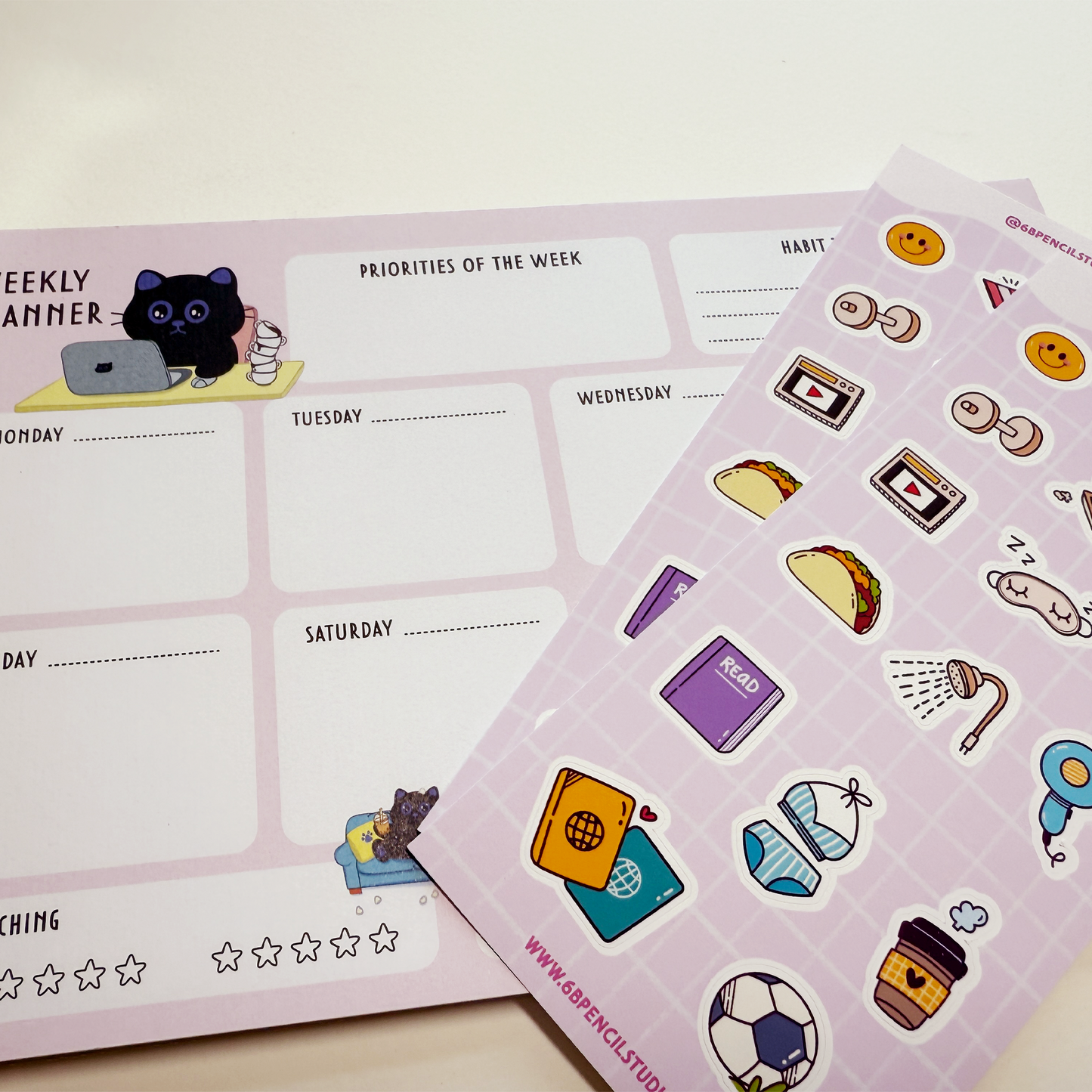 Cute Black Cat A5 Weekly Planner Pad + 2 Sticker Sheets
