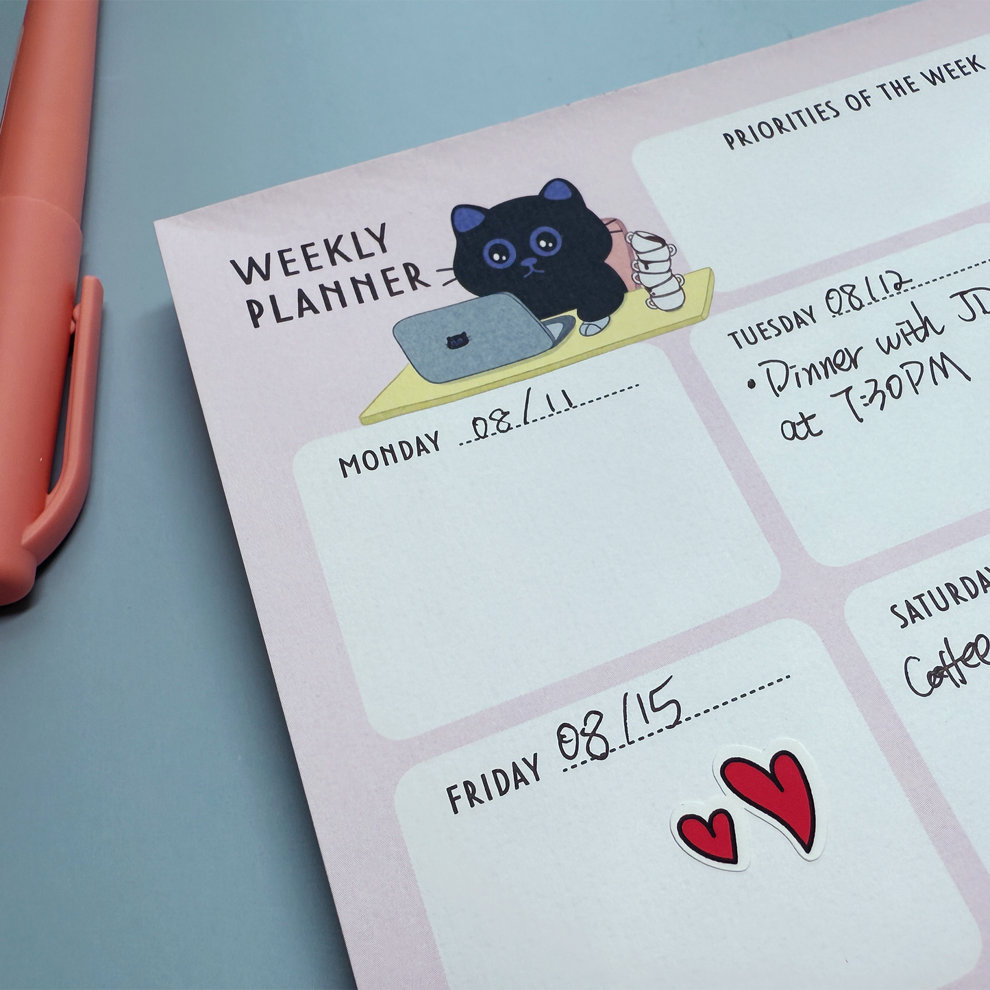 Cute Black Cat A5 Weekly Planner Pad + 2 Sticker Sheets
