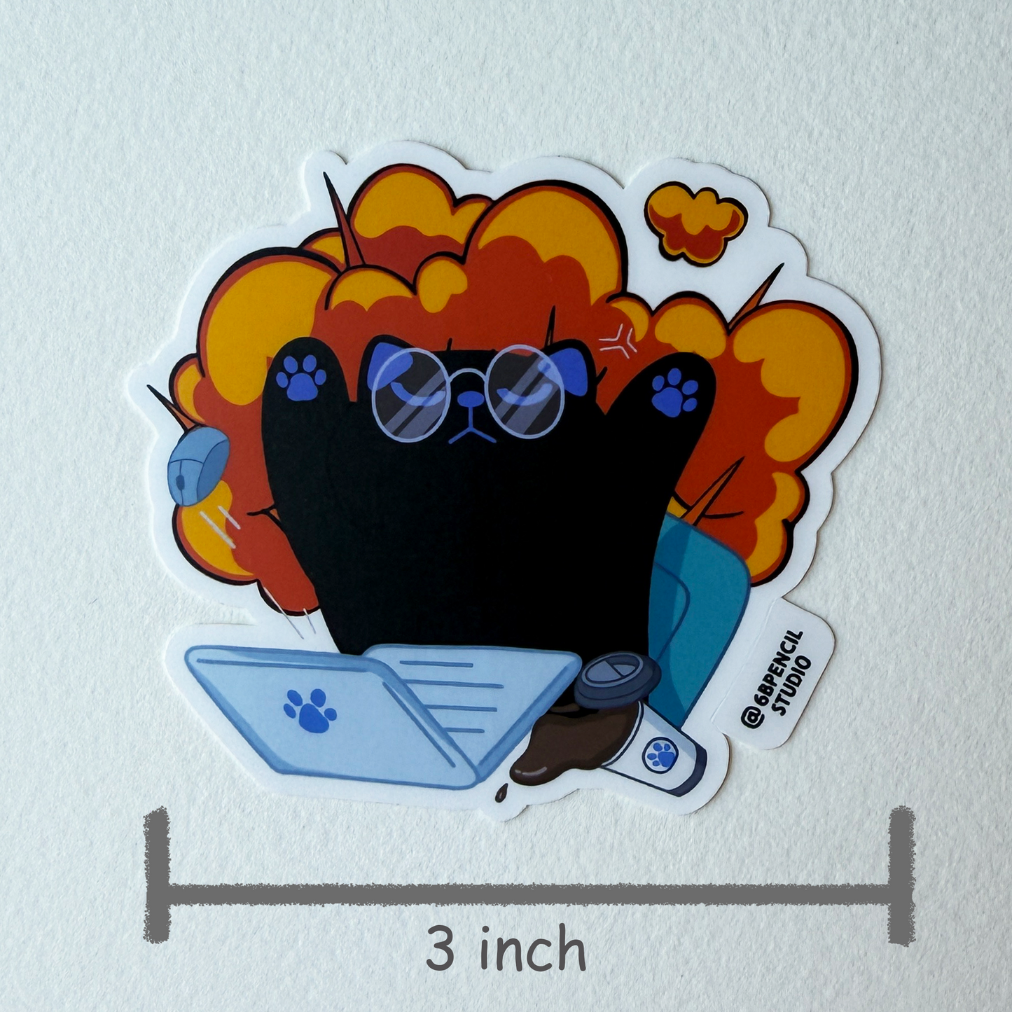Tomo - Exploding Brain Cat Sticker - Funny Overwhelmed Cat - Black Cat Sticker