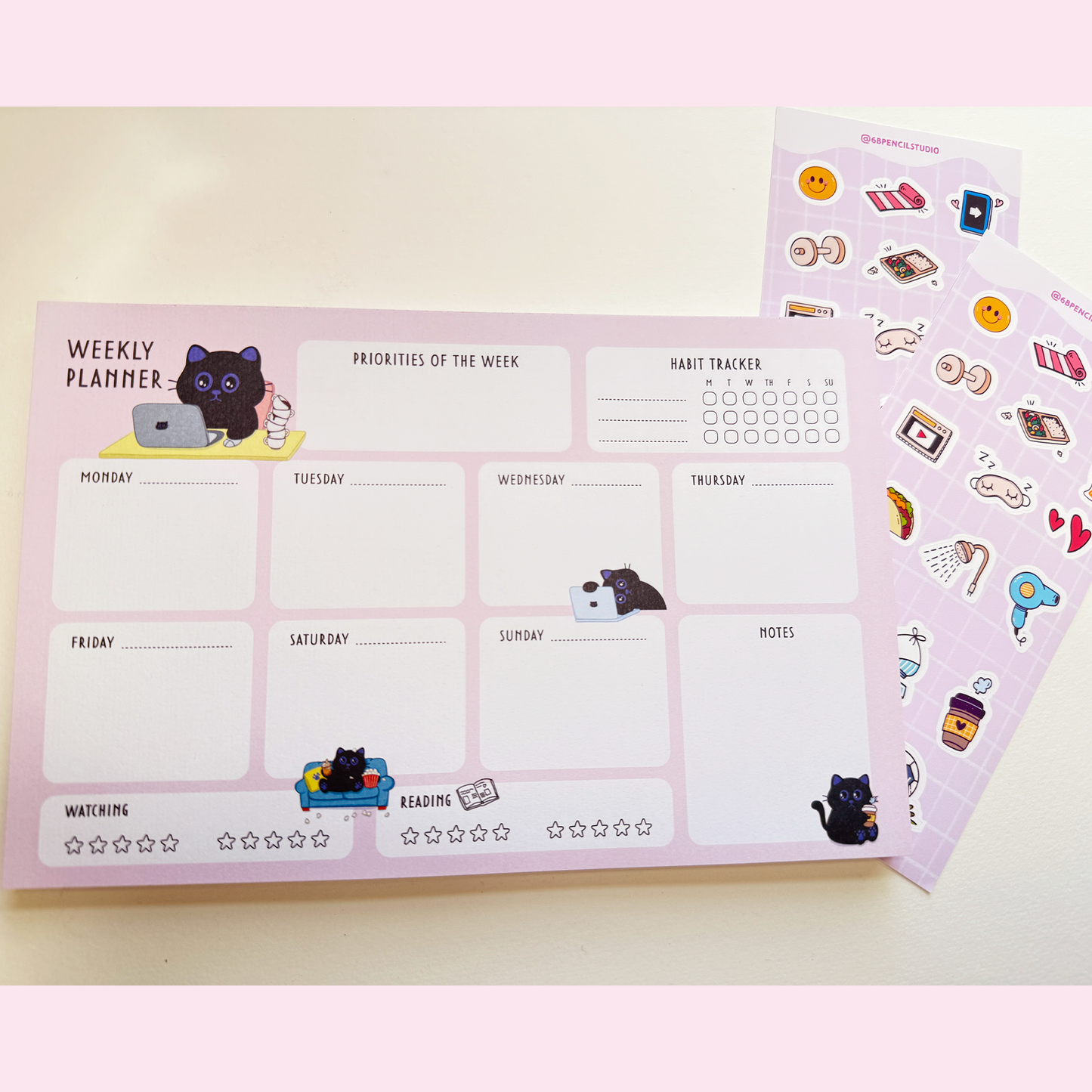 Cute Black Cat A5 Weekly Planner Pad + 2 Sticker Sheets