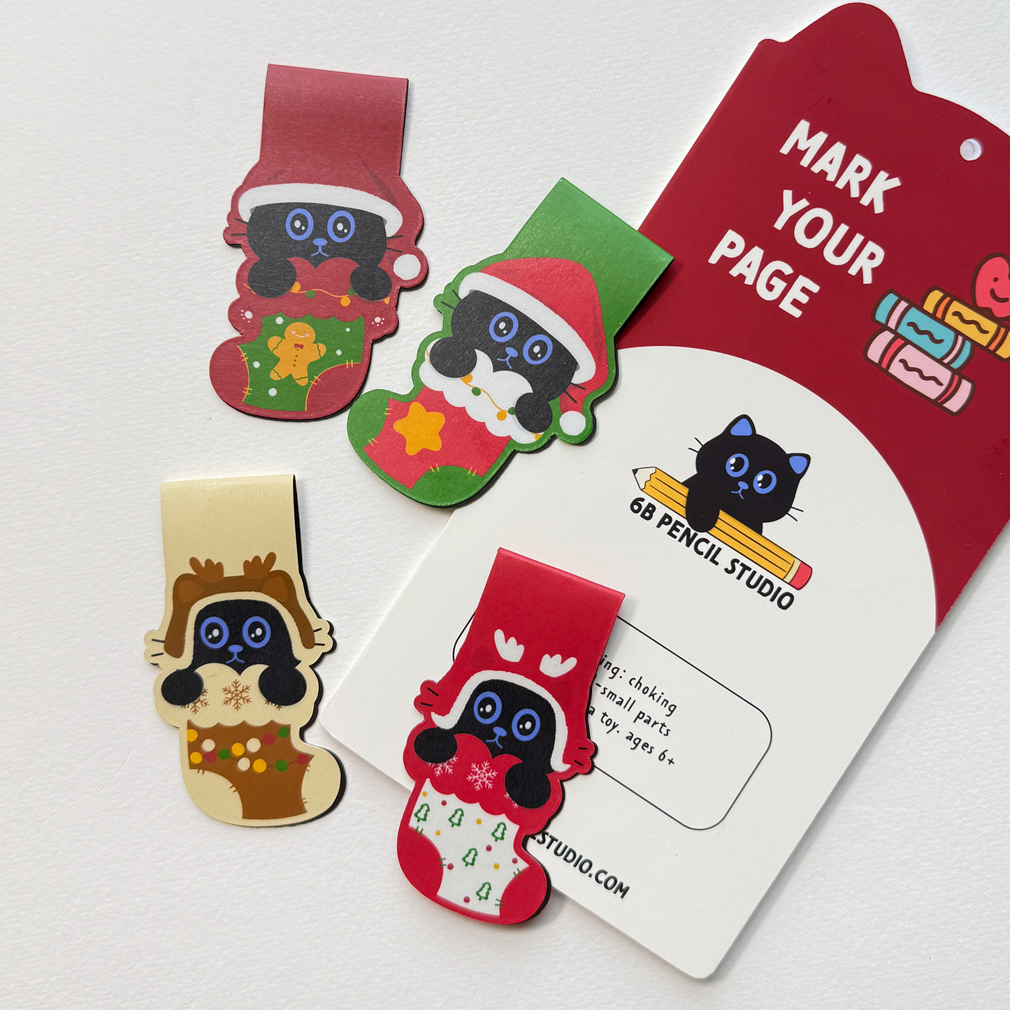 Tomo Cat - Christmas Magnetic Bookmarks – Festive Black Cat in Stocking Design, Set of 4 Cute Holiday-Themed Bookmarks