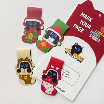 Tomo Cat - Christmas Magnetic Bookmarks – Festive Black Cat in Stocking Design, Set of 4 Cute Holiday-Themed Bookmarks