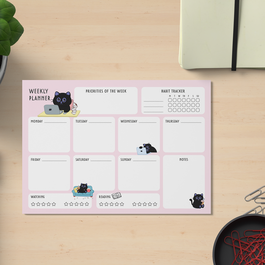 Cute Black Cat A5 Weekly Planner Pad + 2 Sticker Sheets