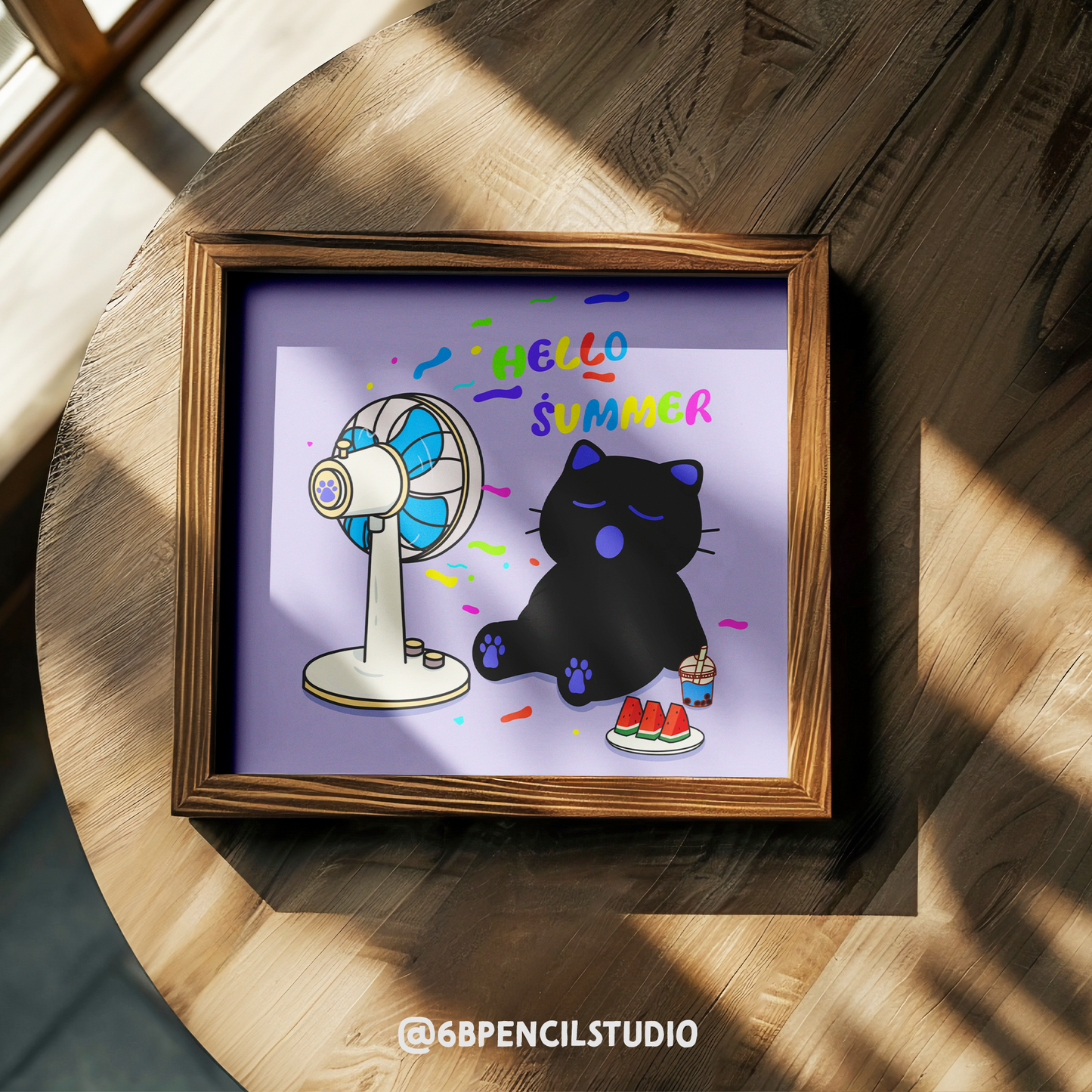 Cute Cat Hello Summer Art Print / Post Card - 5'' x 5''