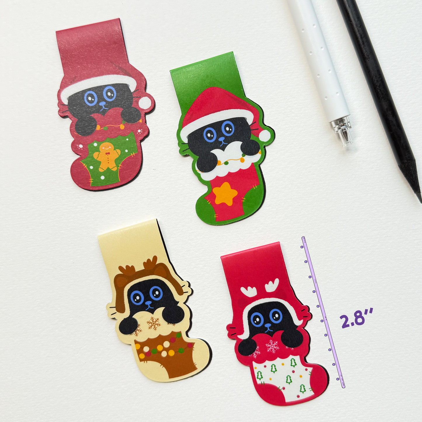 Tomo Cat - Christmas Magnetic Bookmarks – Festive Black Cat in Stocking Design, Set of 4 Cute Holiday-Themed Bookmarks
