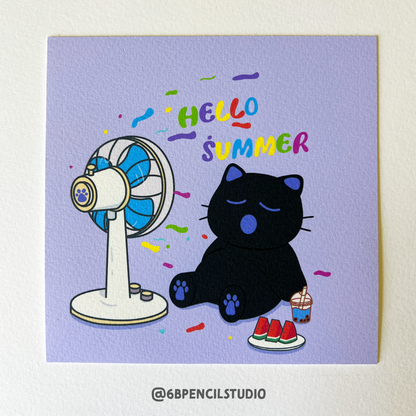 Cute Cat Hello Summer Art Print / Post Card - 5'' x 5''