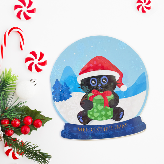 Merry Christmas Black Cat Snow Globe Folded Greeting Card with Envelope – Cute Holiday Postcard for Cat Lovers