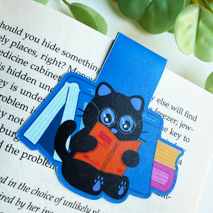Tomo Cat - Adorable Black Cat Reading Magnetic Bookmark - Cat Magnetic Bookmark