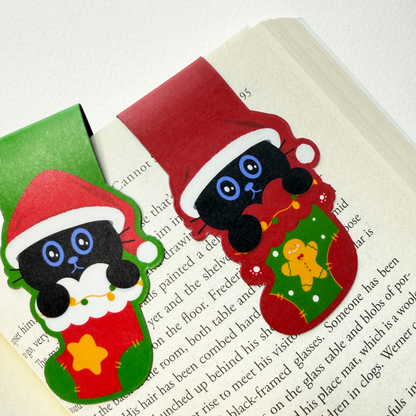 Tomo Cat - Christmas Magnetic Bookmarks – Festive Black Cat in Stocking Design, Set of 4 Cute Holiday-Themed Bookmarks