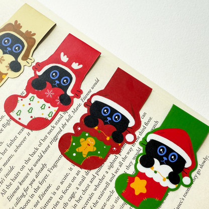 Tomo Cat - Christmas Magnetic Bookmarks – Festive Black Cat in Stocking Design, Set of 4 Cute Holiday-Themed Bookmarks