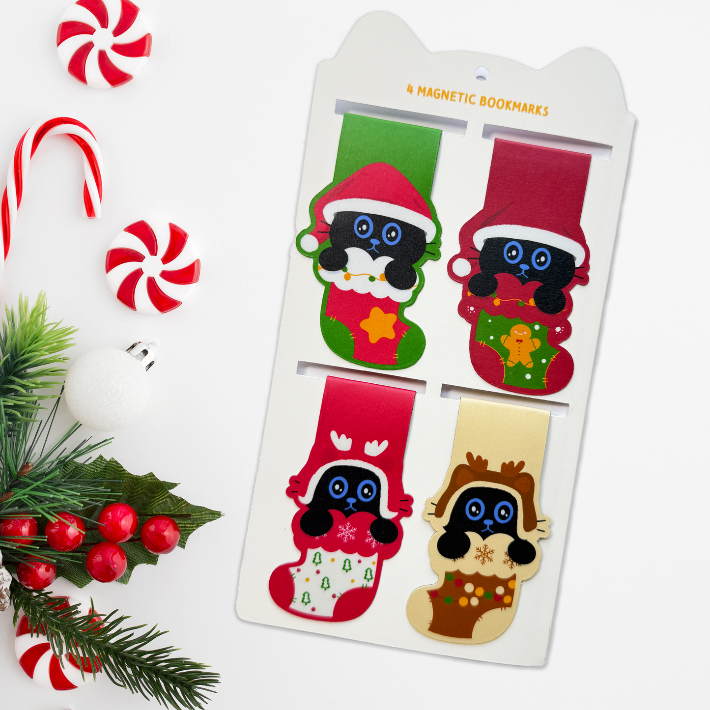 Tomo Cat - Christmas Magnetic Bookmarks – Festive Black Cat in Stocking Design, Set of 4 Cute Holiday-Themed Bookmarks