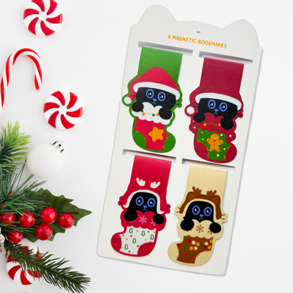 Tomo Cat - Christmas Magnetic Bookmarks – Festive Black Cat in Stocking Design, Set of 4 Cute Holiday-Themed Bookmarks