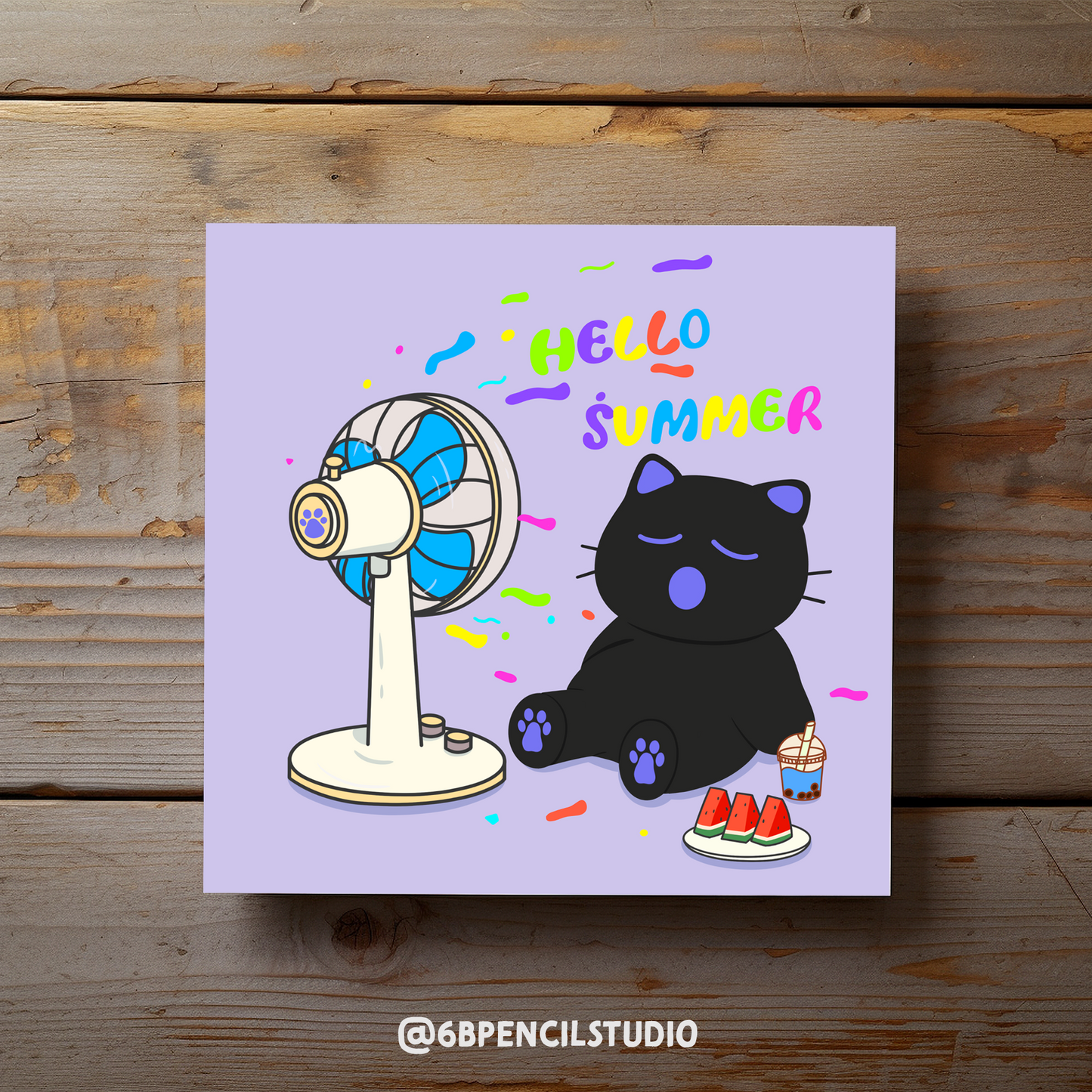 Cute Cat Hello Summer Art Print / Post Card - 5'' x 5''