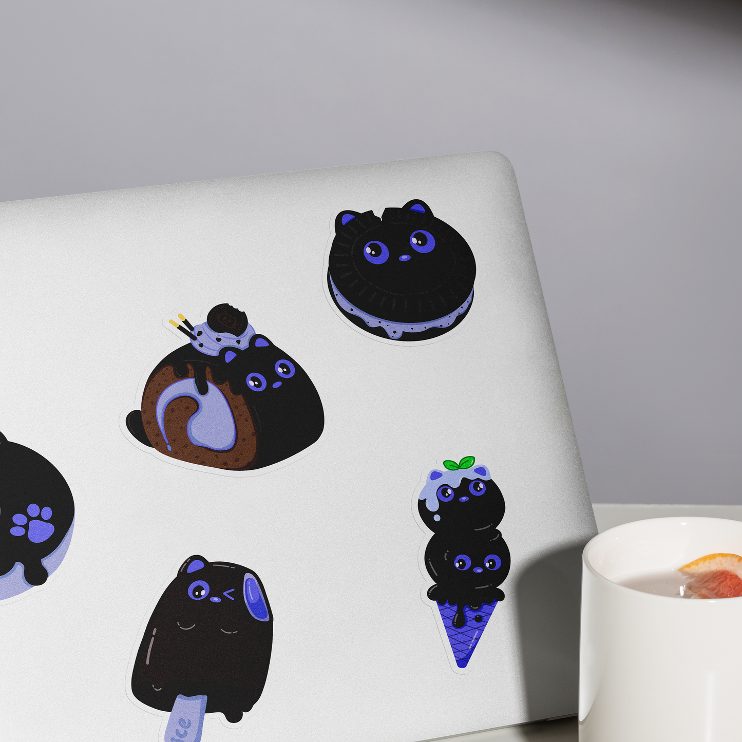 Tomo - Blueberry Cat Ice Cream Cone Sticker - Black Cat Character Sticker