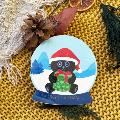 Merry Christmas Black Cat Snow Globe Folded Greeting Card with Envelope – Cute Holiday Postcard for Cat Lovers