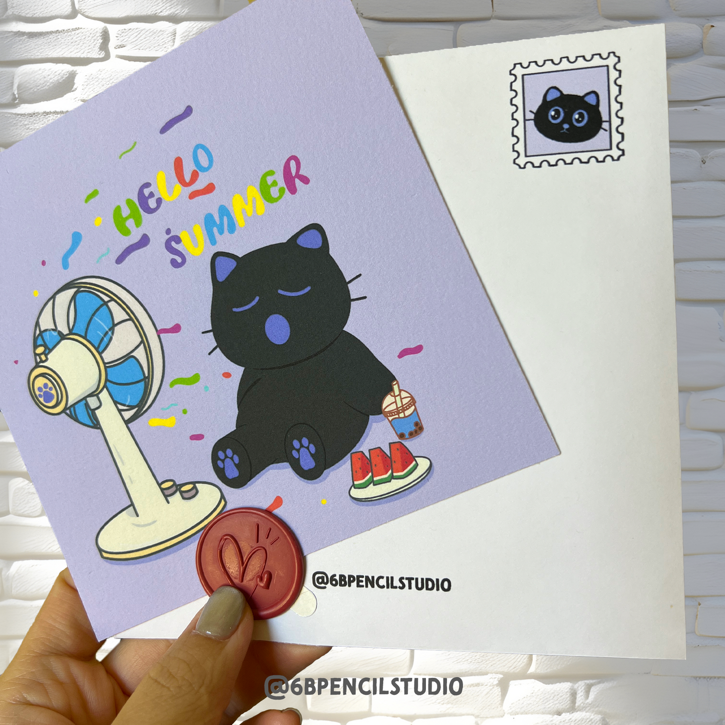 Cute Cat Hello Summer Art Print / Post Card - 5'' x 5''