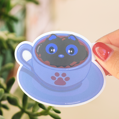 Tomo - Cute Black Cat in Coffee Cup Sticker