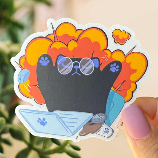 Tomo - Exploding Brain Cat Sticker - Funny Overwhelmed Cat - Black Cat Sticker
