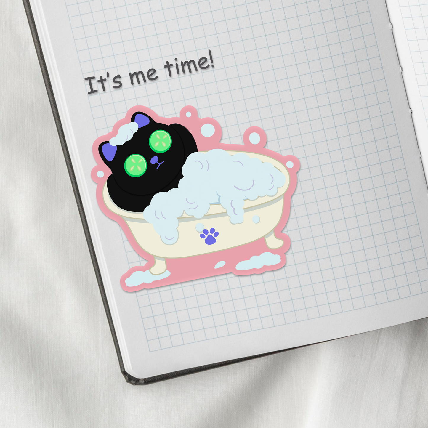 Tomo - Relaxing Cat in Bubble Bath Sticker - Black Cat Sticker