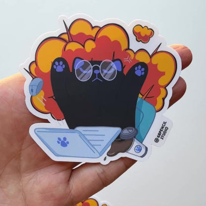 Tomo - Exploding Brain Cat Sticker - Funny Overwhelmed Cat - Black Cat Sticker