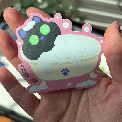 Tomo - Relaxing Cat in Bubble Bath Sticker - Black Cat Sticker