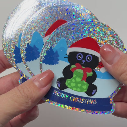 Tomo Cat - Christmas Snow Globe Glitter Sticker  - Black Cat Sticker