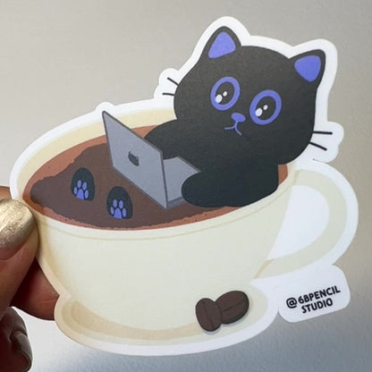Tomo Cat - Working Cat in Coffee Cup Sticker – Cozy Caffeine Lover’s