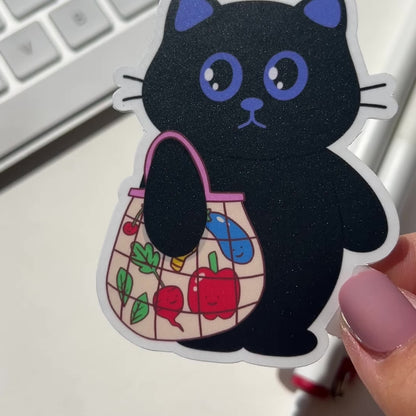 Tomo Cat - Adorable Cat with Grocery Bag Sticker - Black Cat Sticker