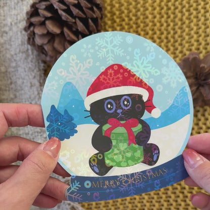 Merry Christmas Black Cat Snow Globe Folded Greeting Card with Envelope – Cute Holiday Postcard for Cat Lovers