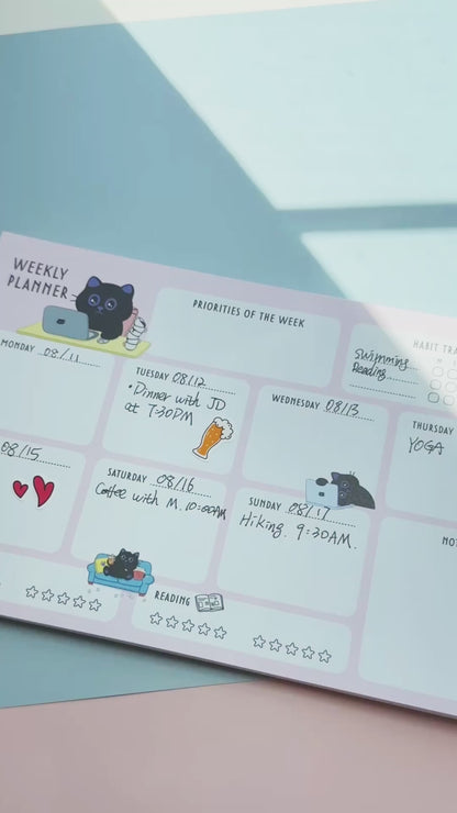 Cute Black Cat A5 Weekly Planner Pad + 2 Sticker Sheets